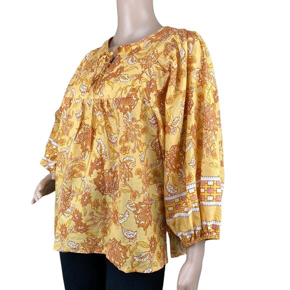 C&C California Womens Yellow Floral Long Sleeve Tie Front Boho Tunic Blouse Sz M - Picture 2 of 6